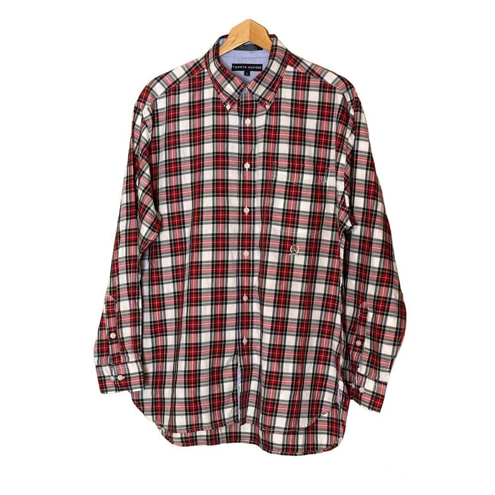 Tommy Hilfiger Men Large L Button Down Plaid Shirt Block Logo Crest